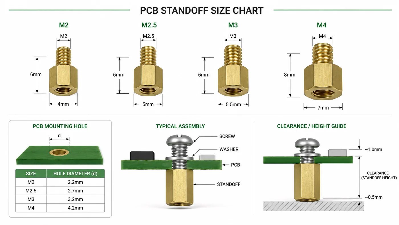 PCB standoff size chart showing M2, M2.5, M3, and M4 hardware and clearance
