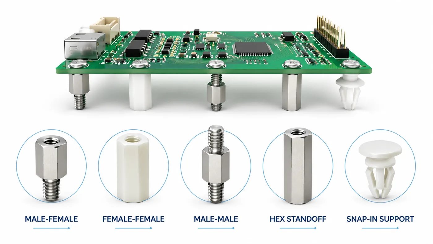 Male-female, female-female, male-male, hex, and snap-in PCB standoff types