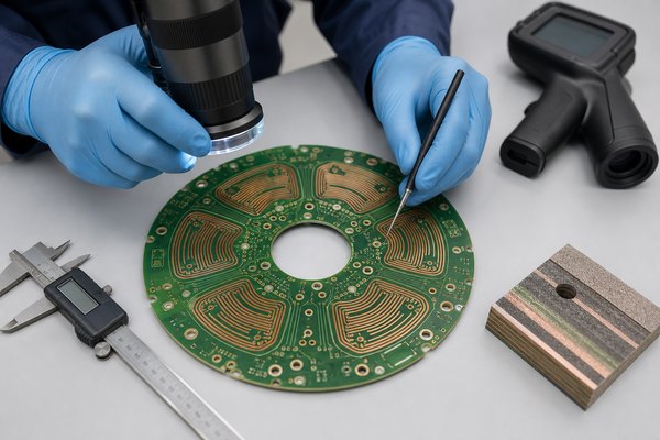 Engineering inspection of a circular PCB stator with planar copper windings, microscope, caliper, and thermal camera
