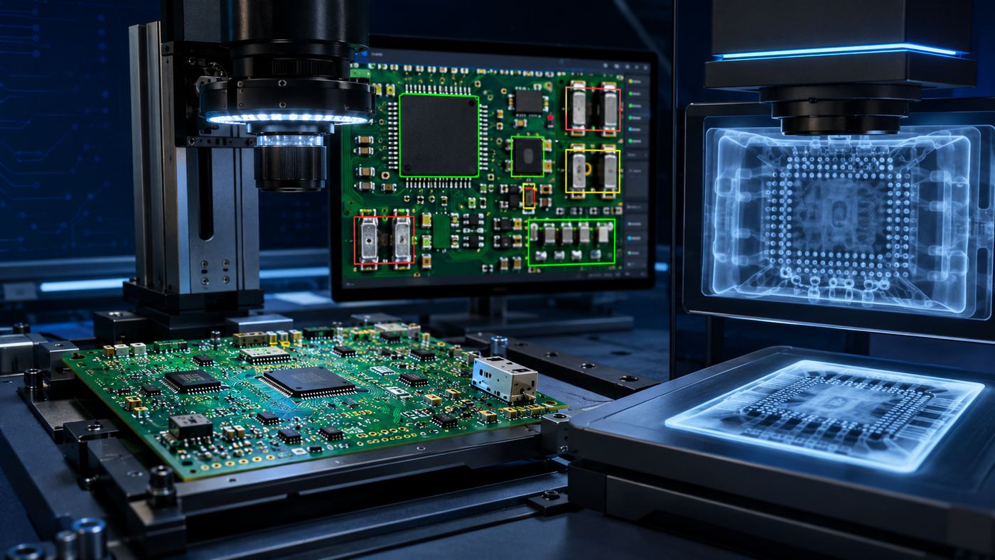 AOI and X-ray inspection of a populated PCB with optical defect overlays and hidden solder-joint imaging