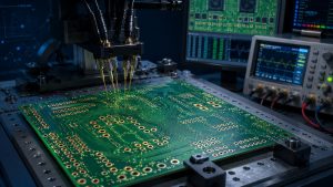 Bare PCB electrical testing with programmable probes checking copper traces, vias, pads, and plated holes