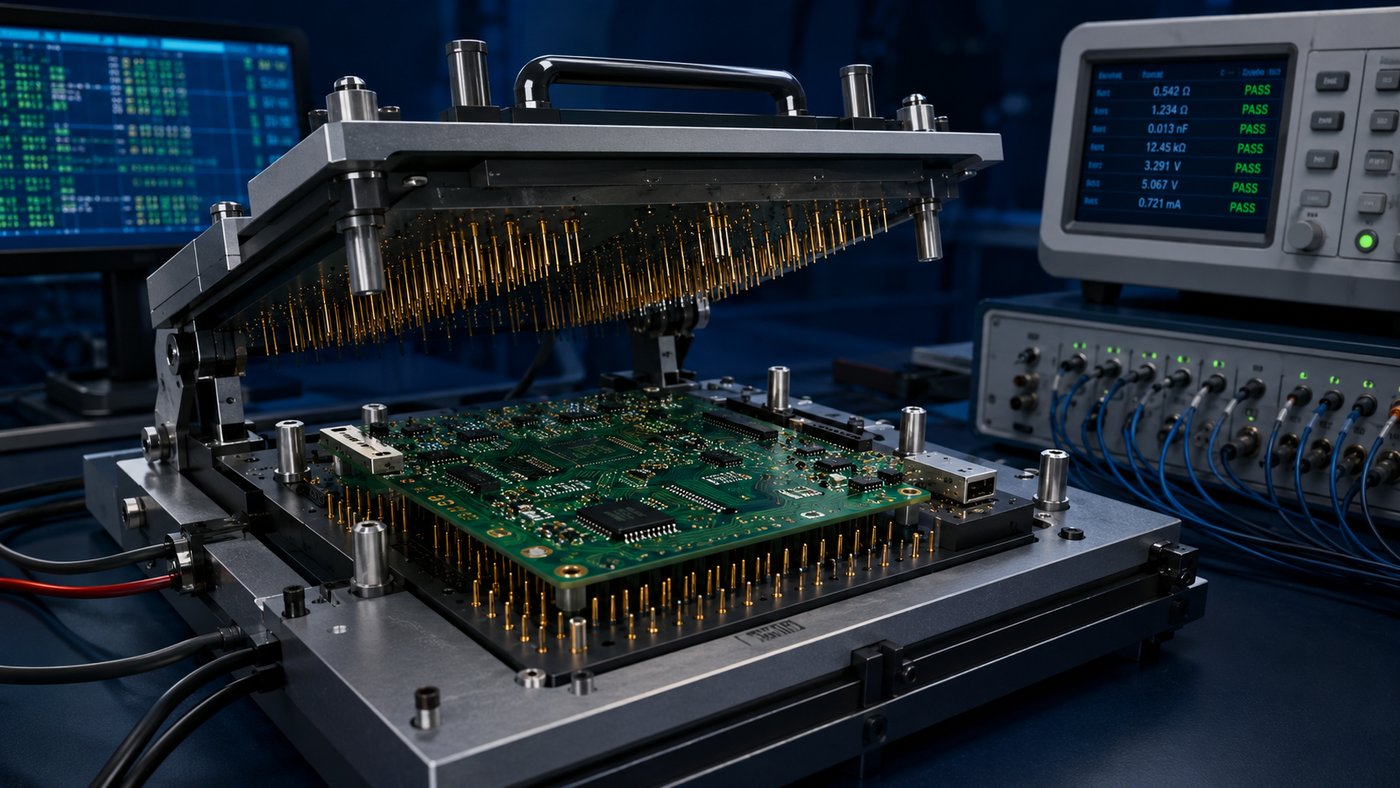 In-circuit testing fixture with a populated PCBA, bed-of-nails pogo pins, and automated pass-fail instrumentation