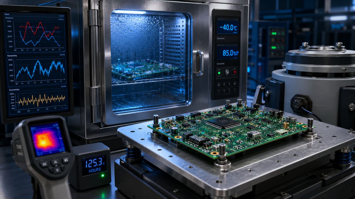 PCB environmental and reliability testing with a temperature-humidity chamber, vibration platform, and thermal monitoring