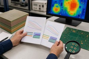 Engineer comparing FR-4 laminate datasheets and PCB stackups by Tg and thermal properties