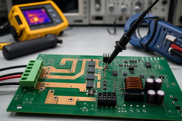 PCB trace current capacity evaluation with wide copper paths, probe and thermal test equipment
