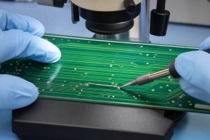 PCB trace repair showing damaged copper exposed, bridged, anchored and tested
