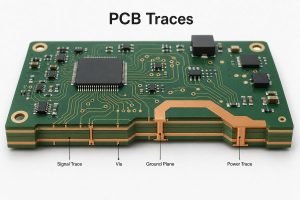 PCB Traces shown as copper paths connecting pads and vias on a multilayer circuit board