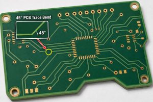 45-degree PCB trace bend identified with a magnified inset, angle arc, yellow circle and red arrow