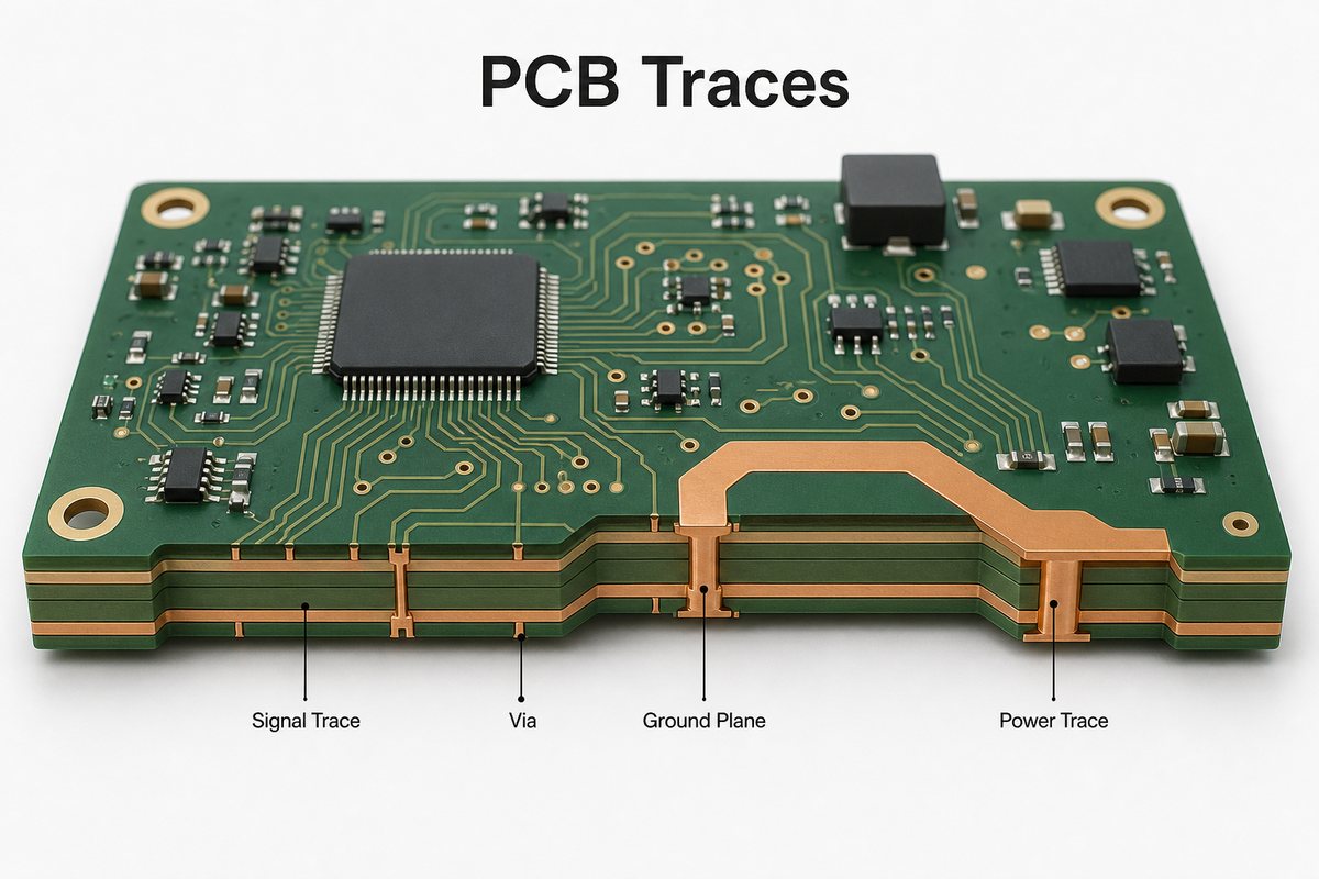 PCB Traces shown as copper paths connecting pads and vias on a multilayer circuit board