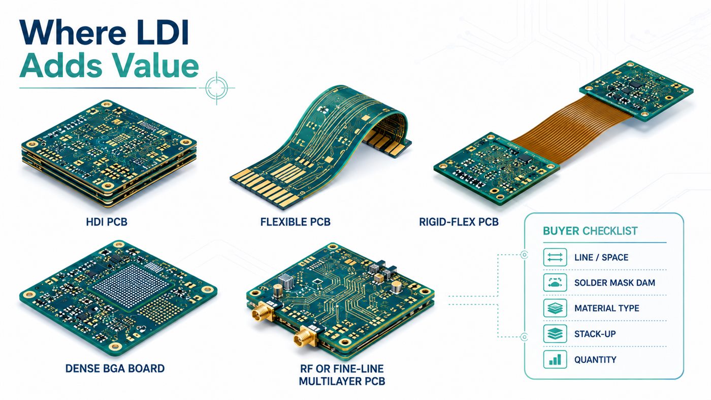 PCB types that benefit from LDI with buyer checklist for line space, solder mask dam, material, stack-up, and quantity