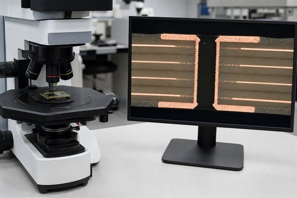 Modern metallographic inspection of an unfilled plated through-hole via cross-section