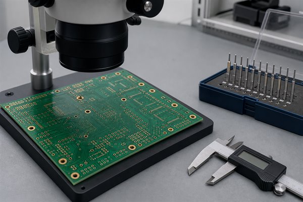 Optical inspection workstation used to verify PCB via holes and annular rings