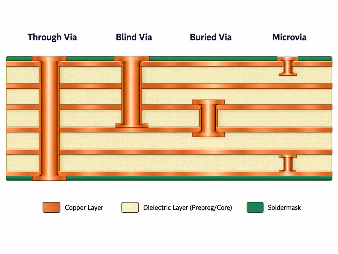 Cross-section comparison of through via, blind via, buried via, and microvia structures