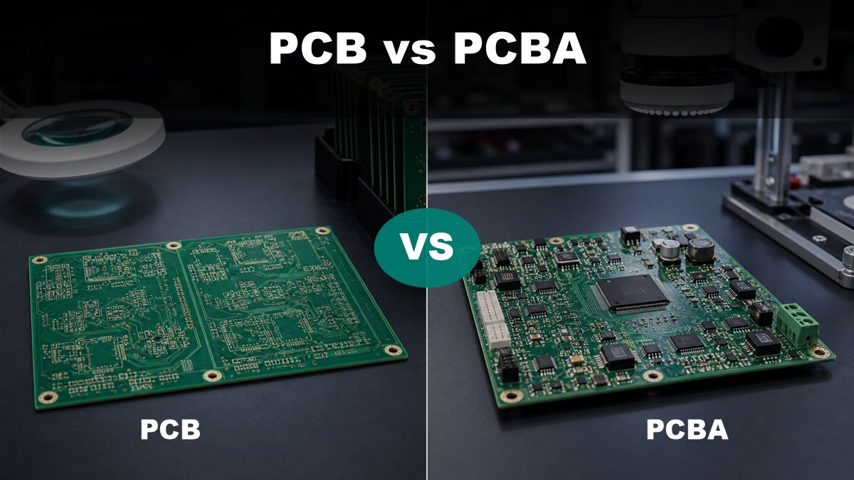 PCB vs PCBA comparison with a bare PCB on the left and assembled PCBA on the right