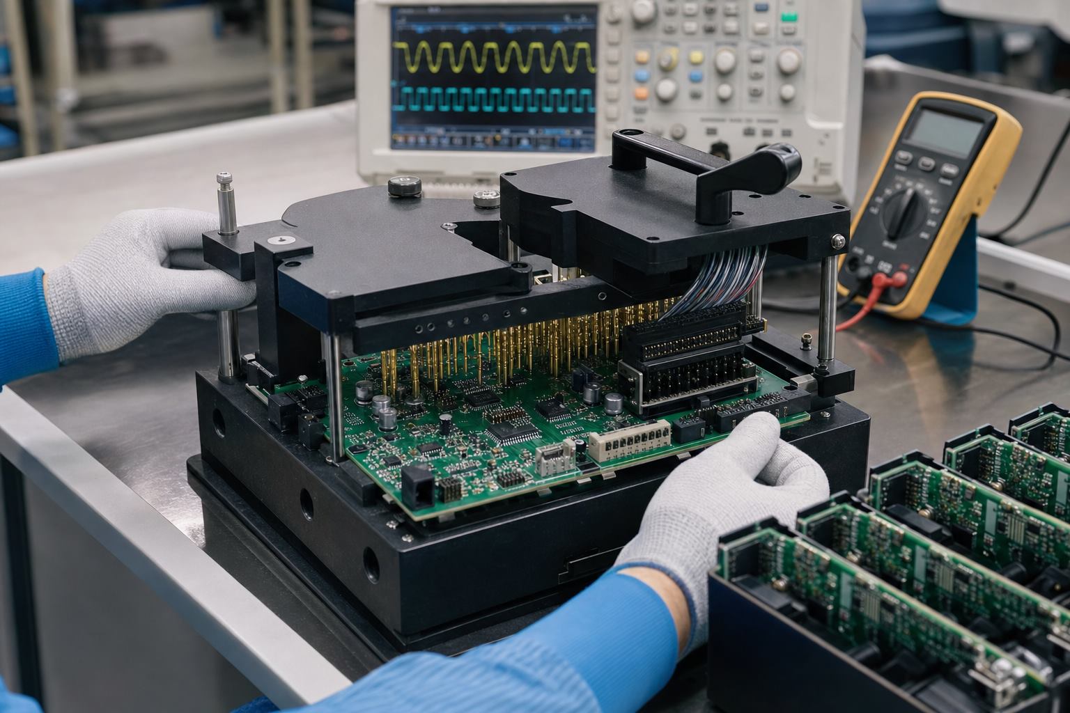 Assembled PCB undergoing production functional testing in a bed-of-nails fixture with oscilloscope and multimeter
