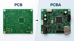 Comparison between a bare PCB and an assembled PCBA