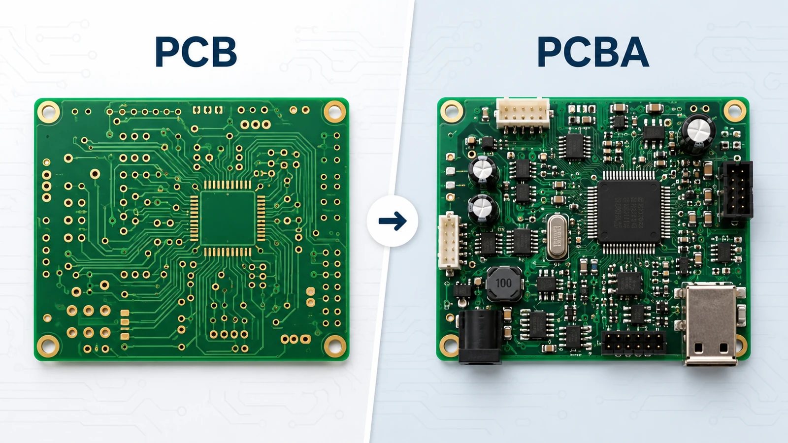 Comparison between a bare PCB and an assembled PCBA