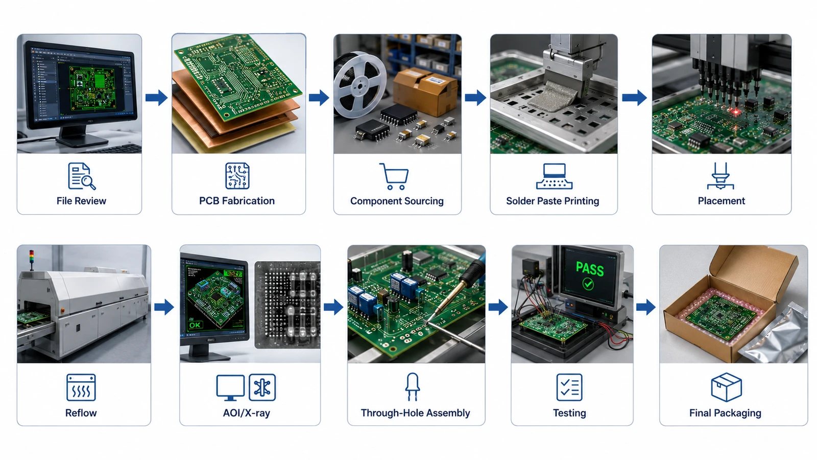 PCBA manufacturing process flow from file review to final packaging