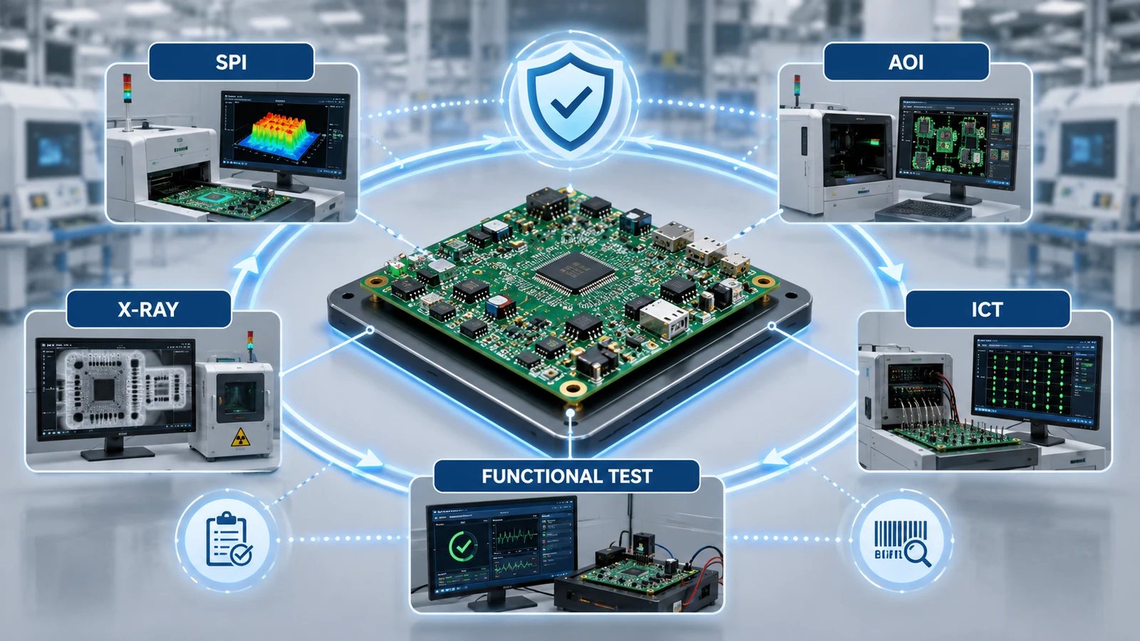 PCBA quality control with SPI AOI X-ray ICT and functional testing