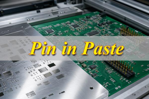 Pin in Paste PCB assembly with through-hole connector pins and solder paste stencil