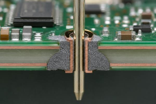 Cutaway view of a Pin in Paste through-hole connection before reflow