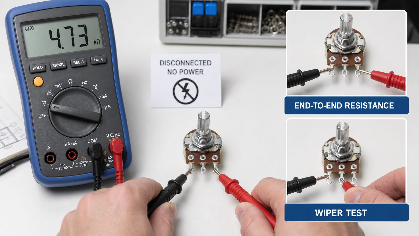 Unpowered three-pin potentiometer being tested for end-to-end resistance and wiper resistance with a digital multimeter