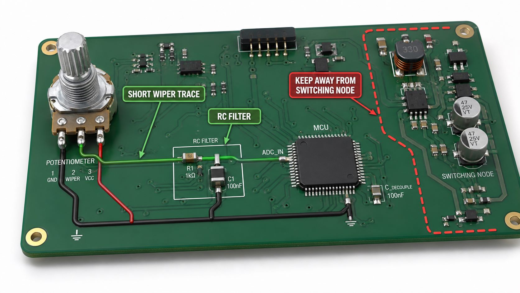 Potentiometer PCB layout showing a short wiper trace, RC filter near the MCU ADC, and separation from a switching node