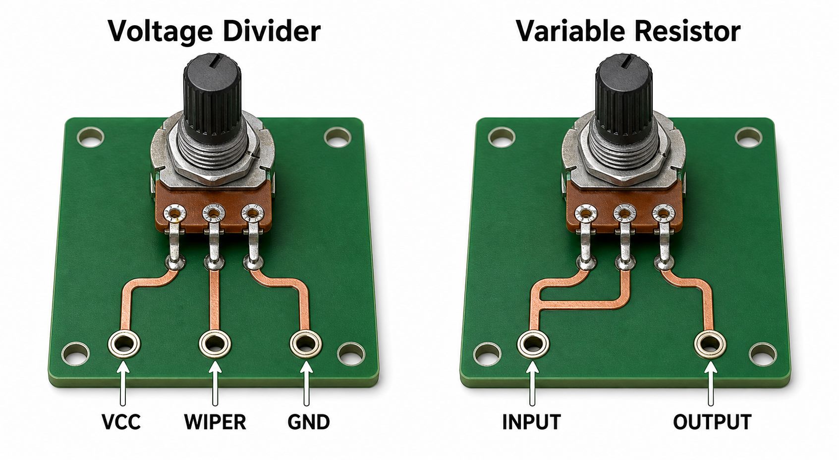 Comparison of potentiometer voltage-divider wiring and variable-resistor wiring on PCB modules