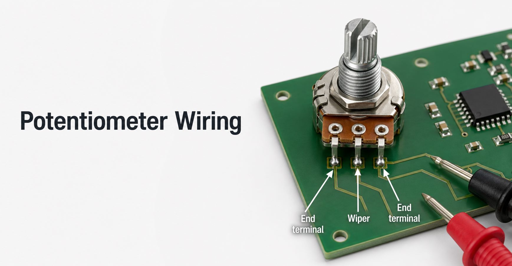Three-pin rotary potentiometer mounted on a PCB with the wiper and end terminals identified