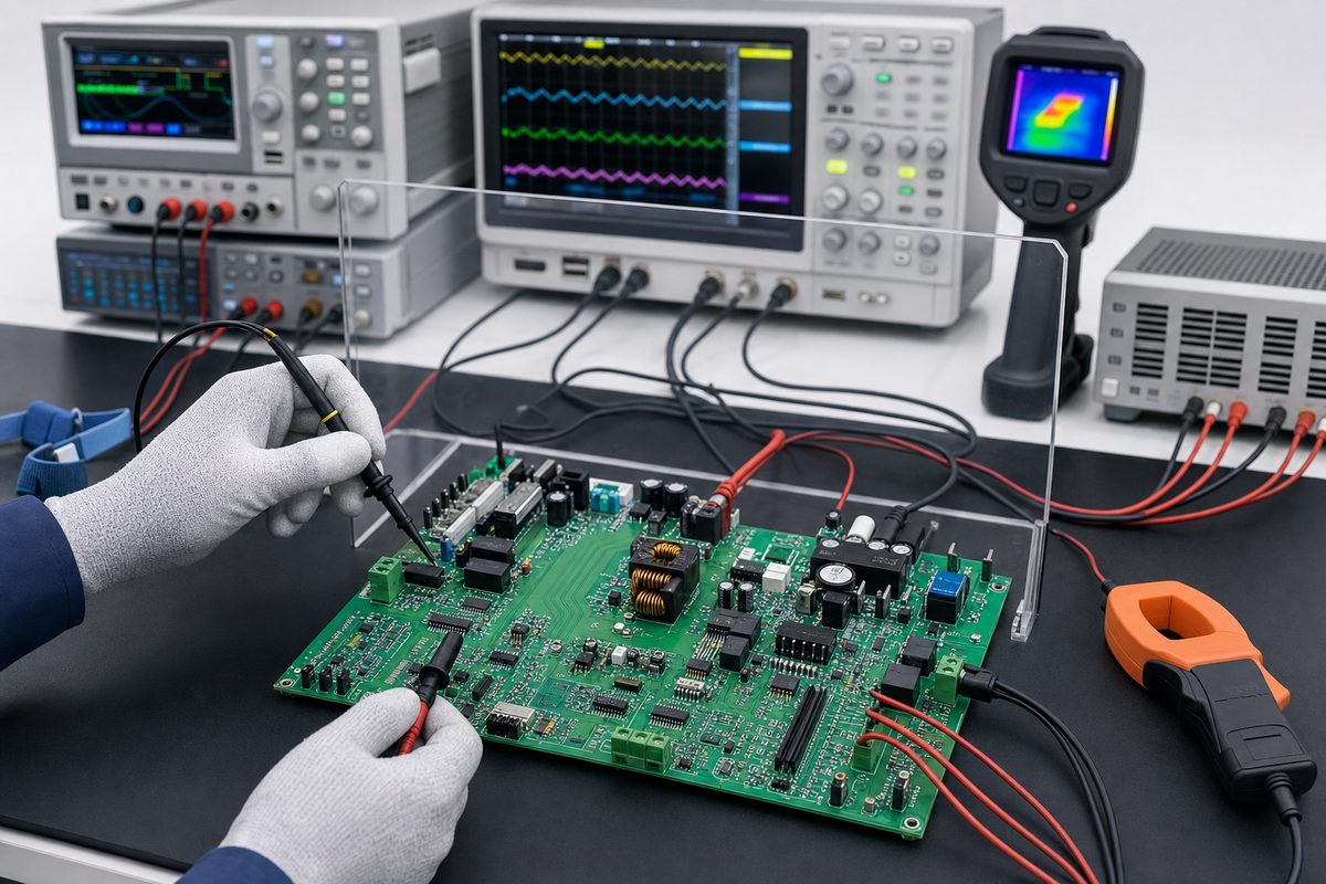 Power control PCBA functional testing with oscilloscope load equipment and thermal inspection