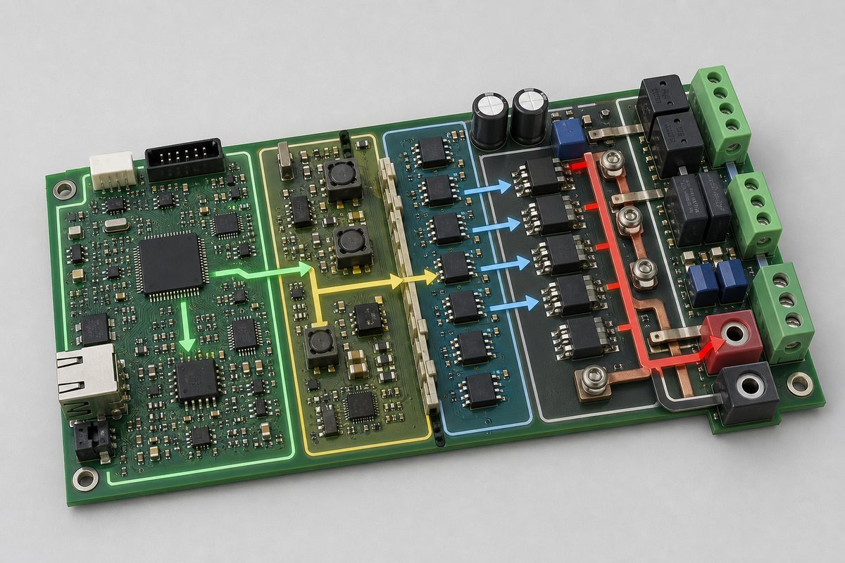Power control unit architecture with sensing control isolation and switching zones