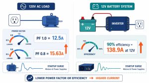 Effect of power factor, inverter efficiency and startup surge on current