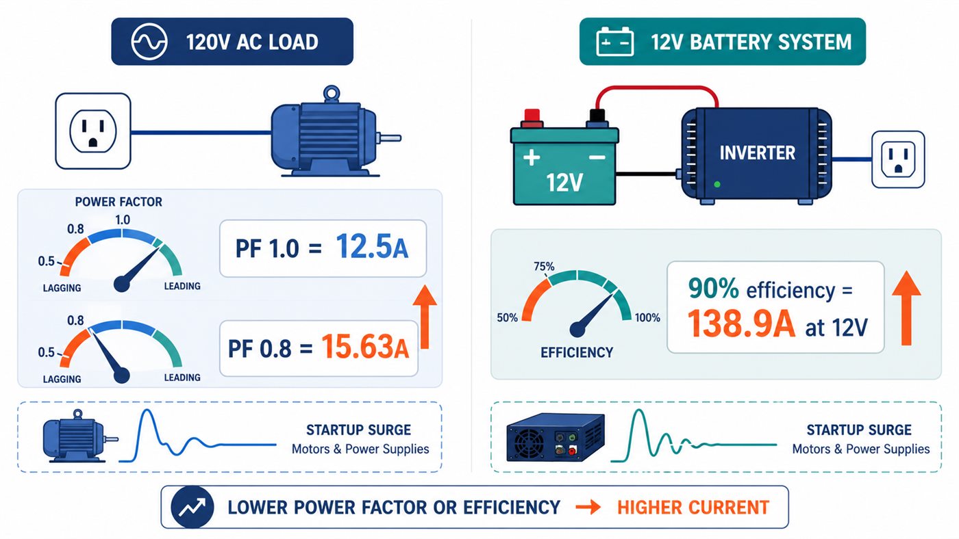 Effect of power factor, inverter efficiency and startup surge on current