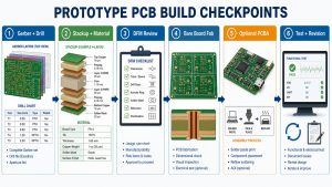 Prototype PCB build checkpoints from Gerber and stackup to DFM fabrication assembly testing and revision