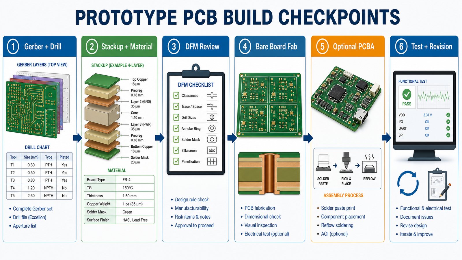 Prototype PCB build checkpoints from Gerber and stackup to DFM fabrication assembly testing and revision