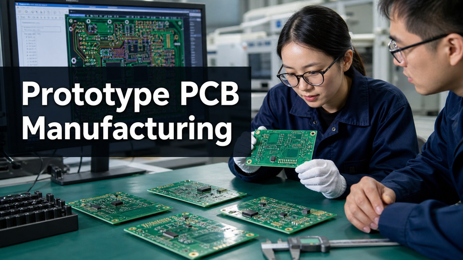 Prototype PCB manufacturing inspection with engineers reviewing sample boards