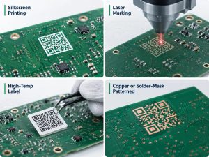 Silkscreen laser label and copper methods for adding a QR code to a PCB
