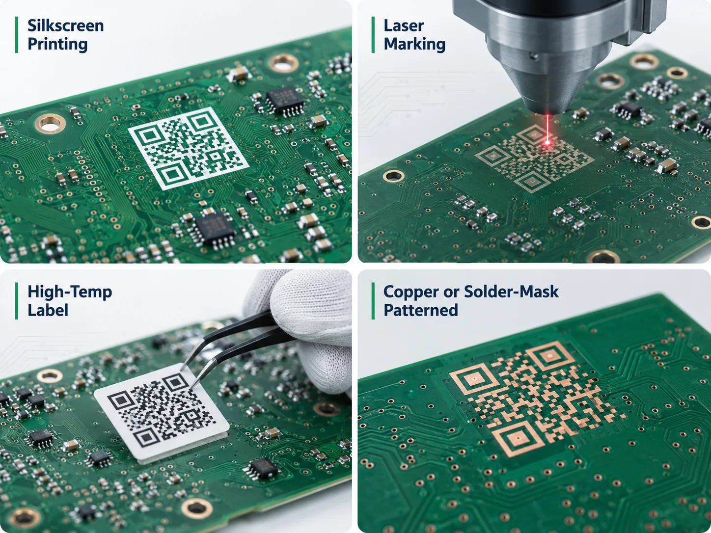 Silkscreen laser label and copper methods for adding a QR code to a PCB