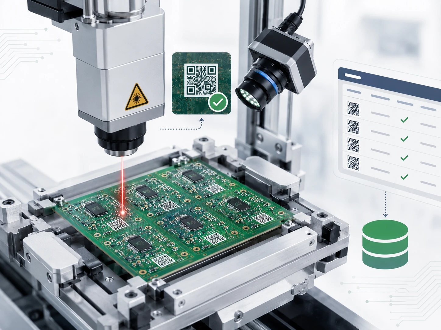 Automated laser QR code marking and machine vision verification on a PCB panel