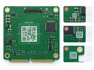 Correct PCB QR code placement with quiet zone and examples of poor placement