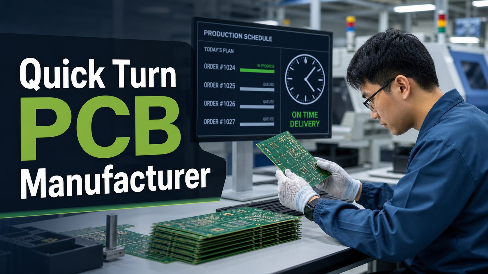 Quick turn PCB manufacturer guide with engineer reviewing boards and production schedule