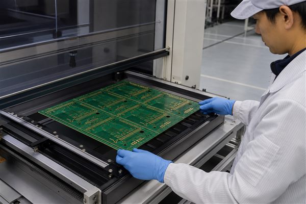 Operator aligning a PCB production panel at an automated fabrication station