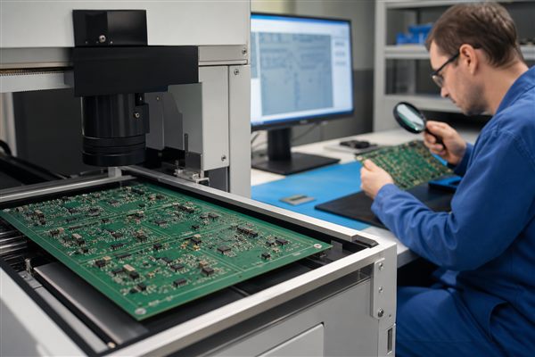 Assembled PCB panel undergoing automated optical inspection in a quality laboratory