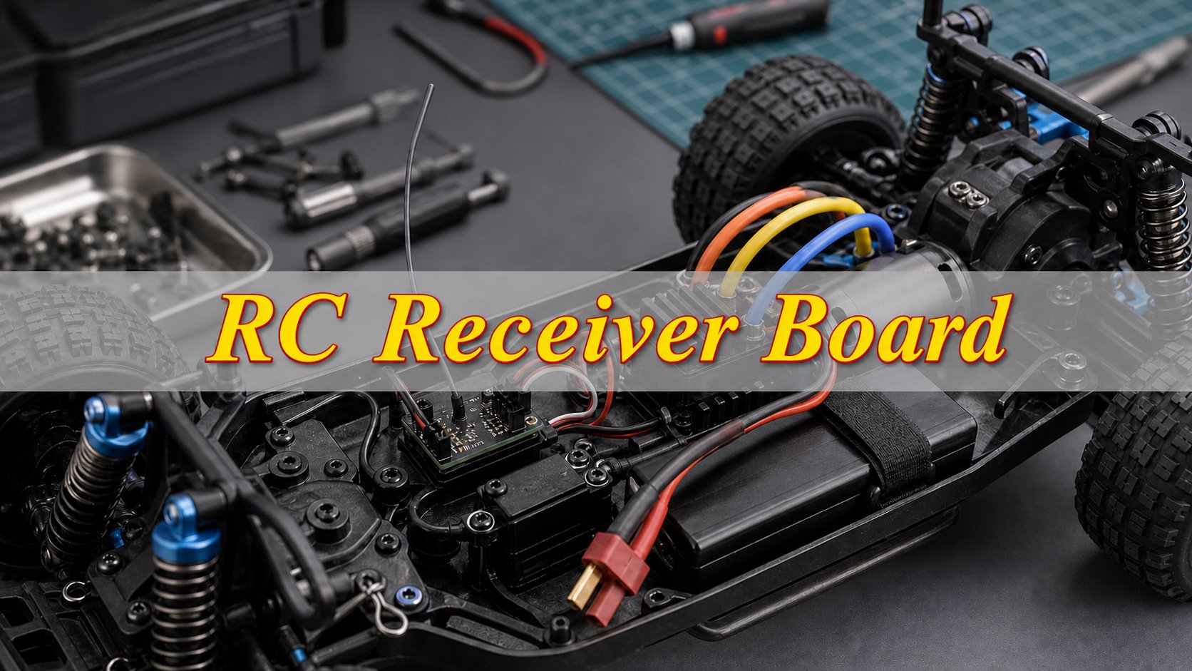 RC receiver board installed in an RC model with antenna, servo, ESC, motor and battery wiring