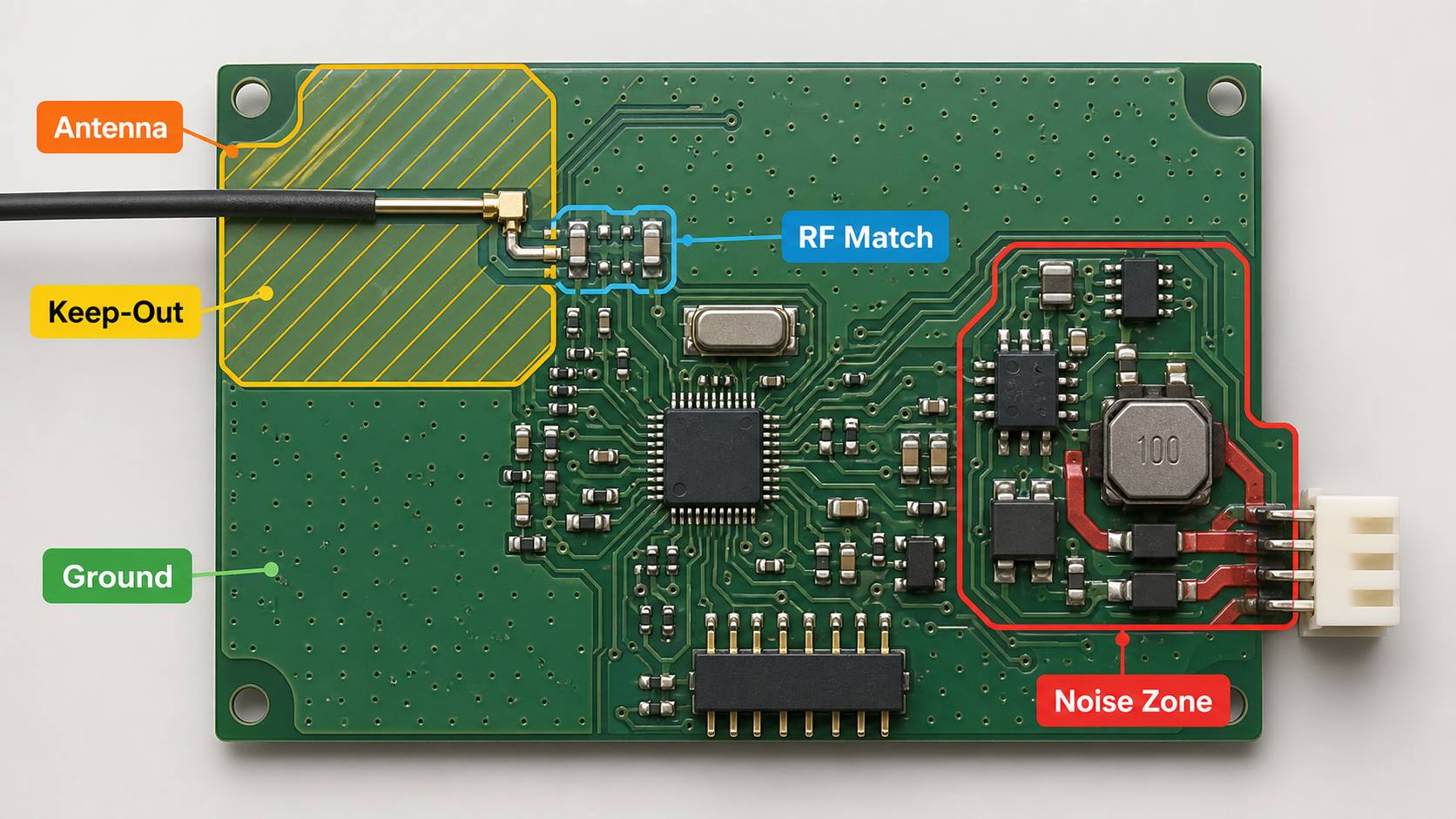 RC receiver board RF layout showing the antenna keep-out area, matching network, ground reference and noise zone