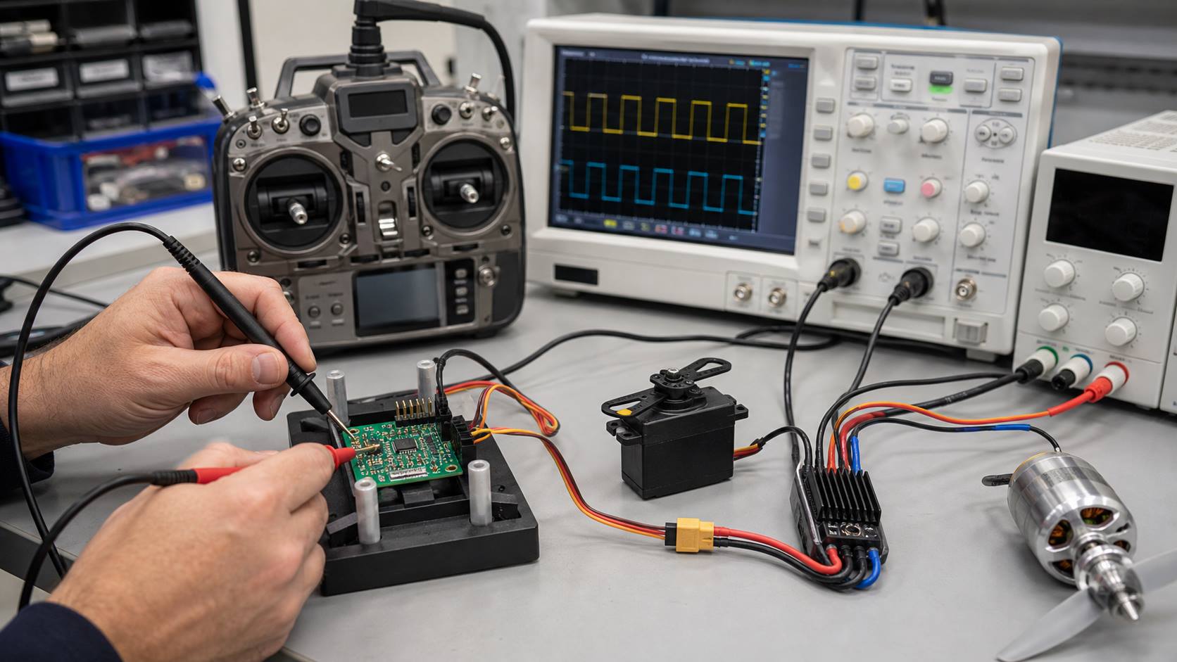 RC receiver circuit board testing with a transmitter, oscilloscope, servo, ESC, motor and test fixture