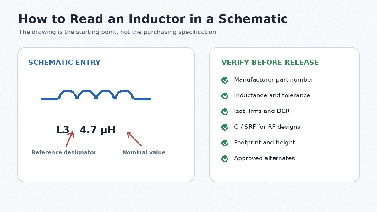 Checklist for reading an inductor symbol and verifying its PCBA specification
