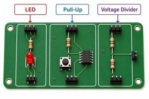 LED pull-up and voltage divider resistor applications on a PCB