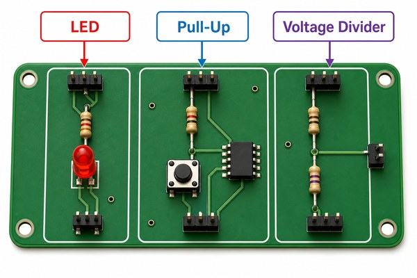 LED pull-up and voltage divider resistor applications on a PCB