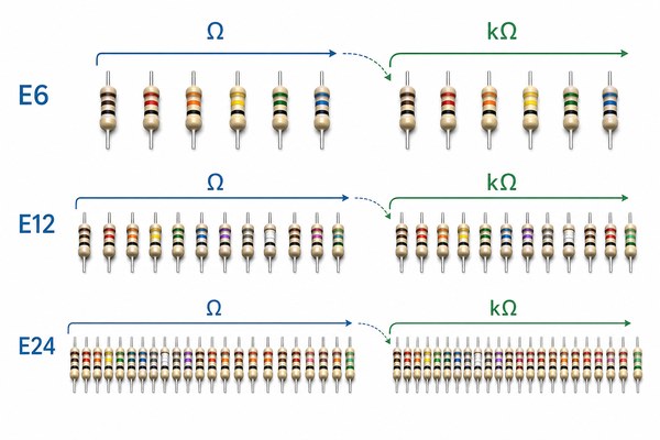 E6 E12 and E24 resistor series repeating from ohms to kilohms